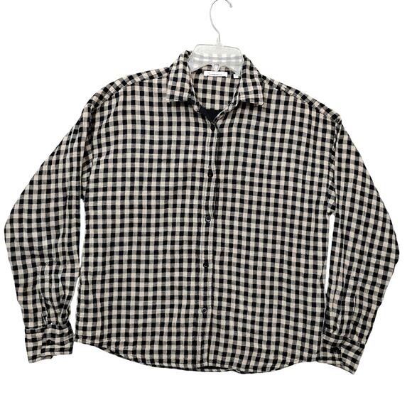 Knowledge Cotton Apparel Gingham Button Down Shirt Size Medium Beige and Black - Picture 3 of 9